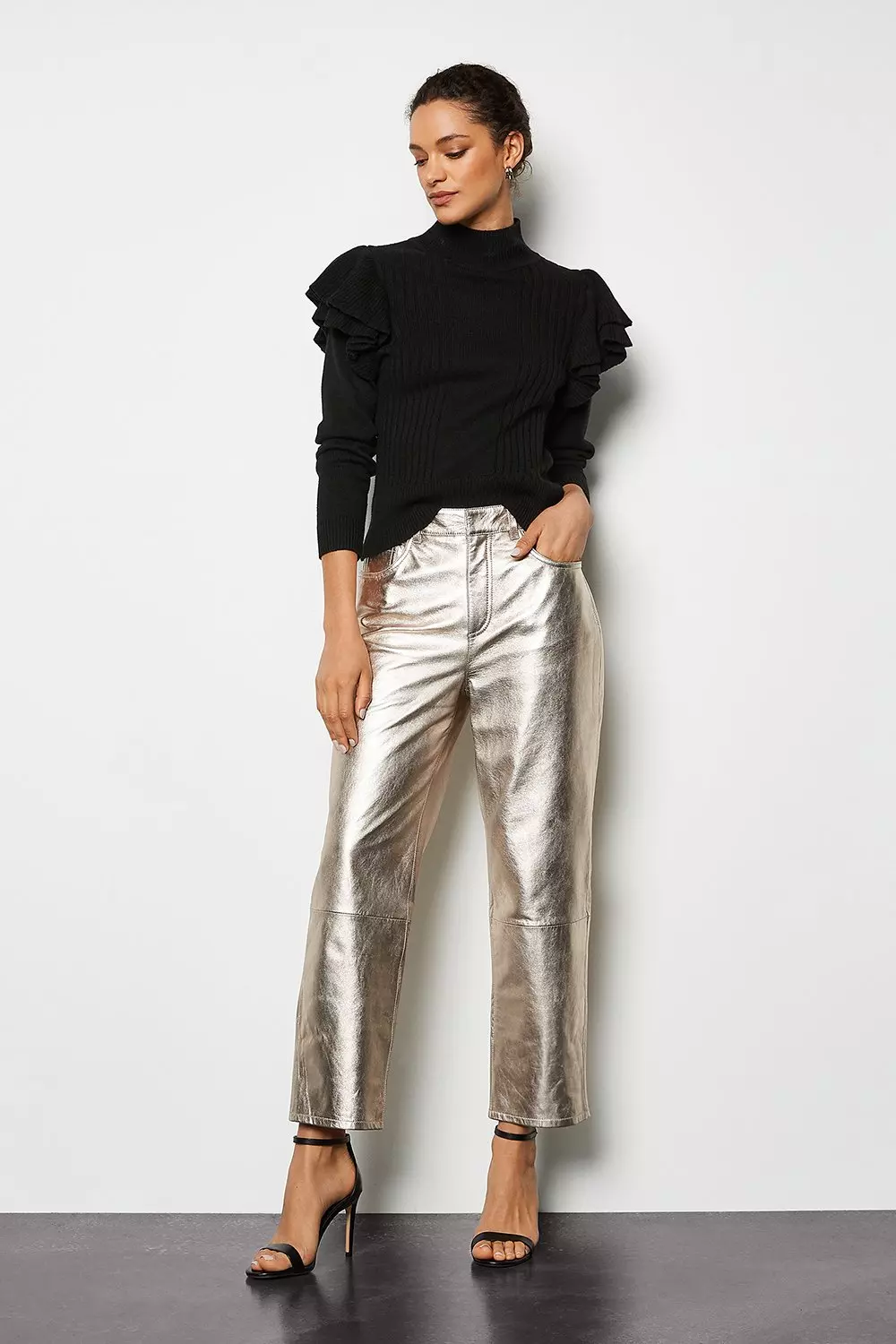 Metallic Leather Straight Leg Pants | Karen Millen